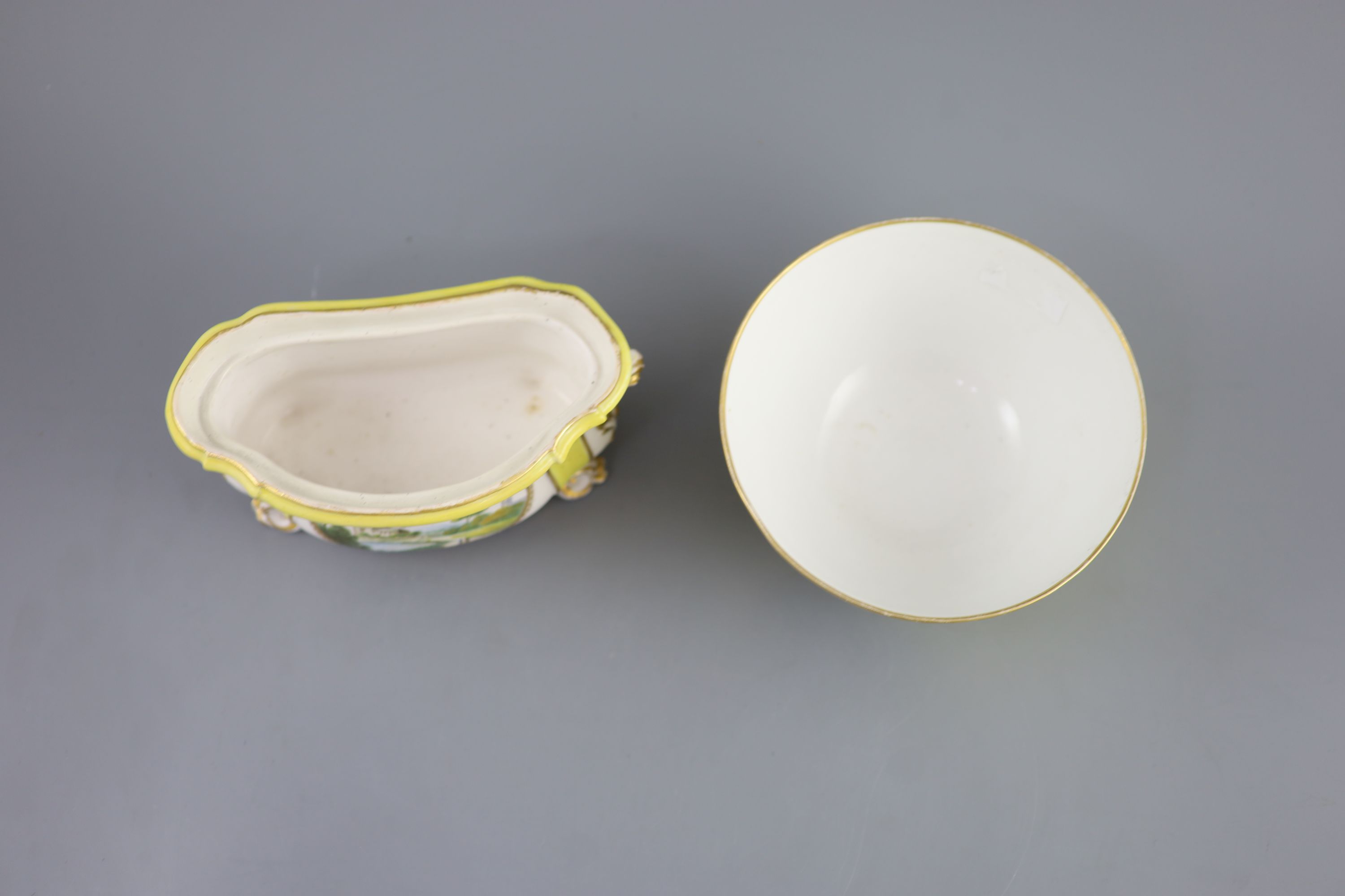 A Derby yellow ground topographical slops bowl and a similar bough pot, c.1790-1800, 19.5 cm wide